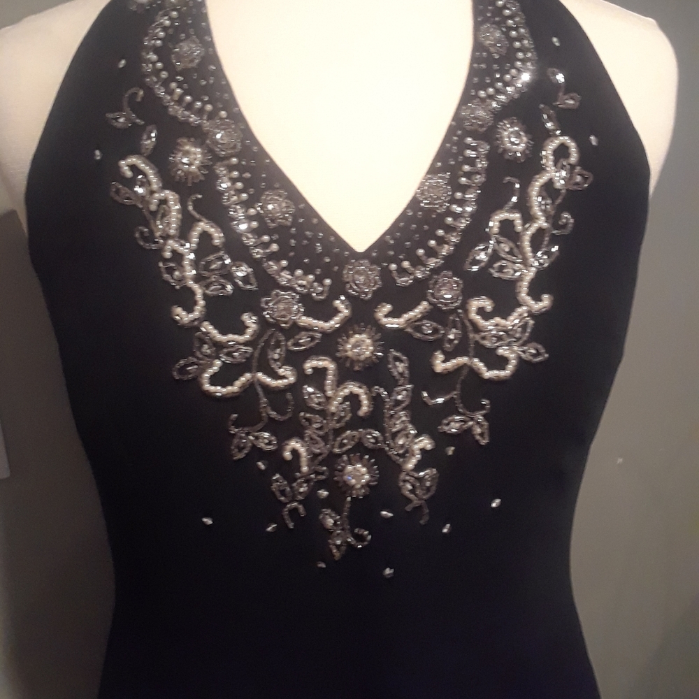 Black halter dress with hand sewn beading
